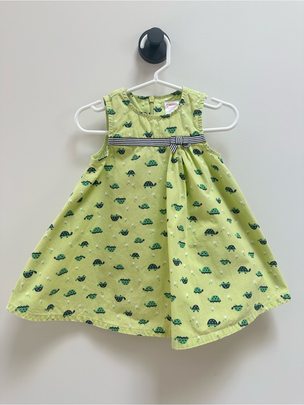 Vintage Gymboree Lime Green Turtle Print Dress with Striped Bow, baby 6-12M